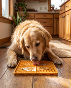 Dog licking the Lick & Chill Silicone Lick Mat on the kitchen floor