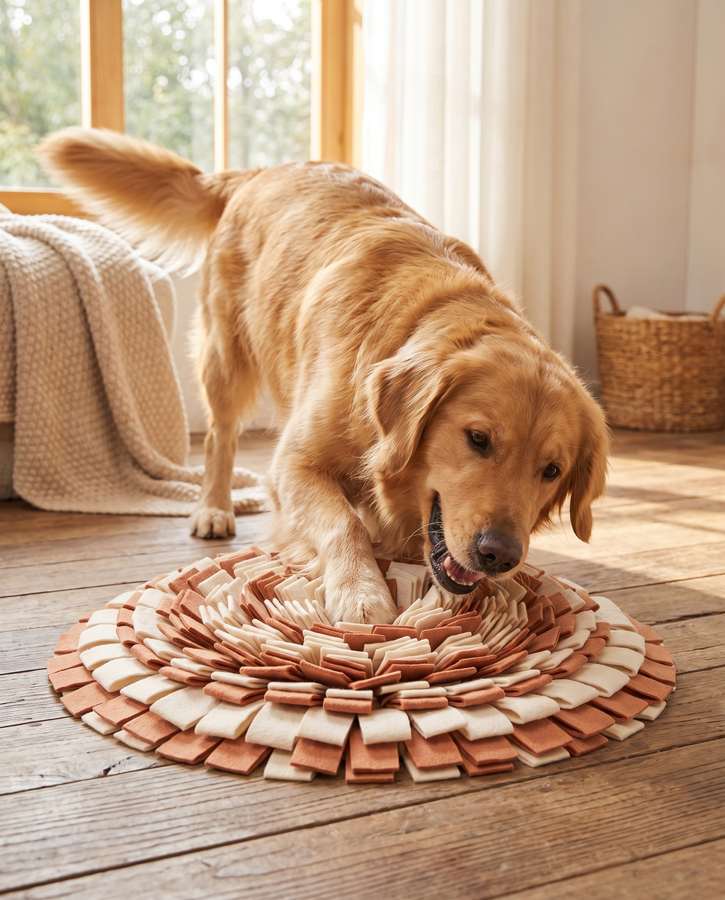 Dog sniffing through the Forage Snuffle Mat at home