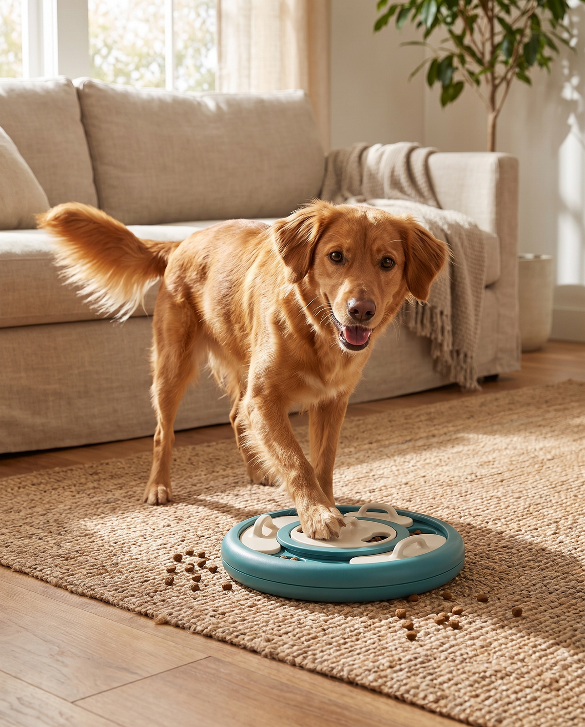 Dog pawing at Twist & Find Level 3 Rotating Feeder at home