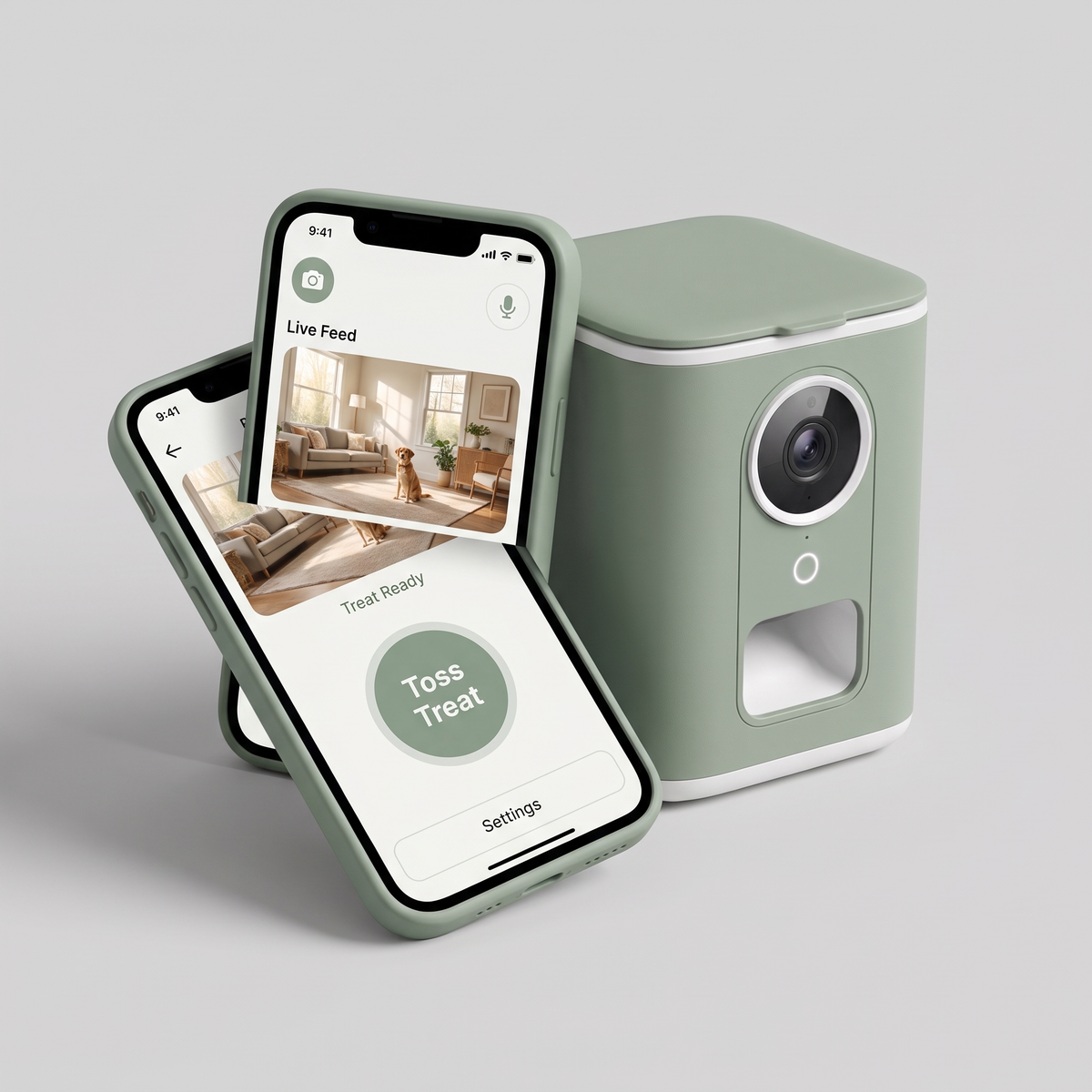 Watch & Treat app screen showing live camera feed and toss treat button