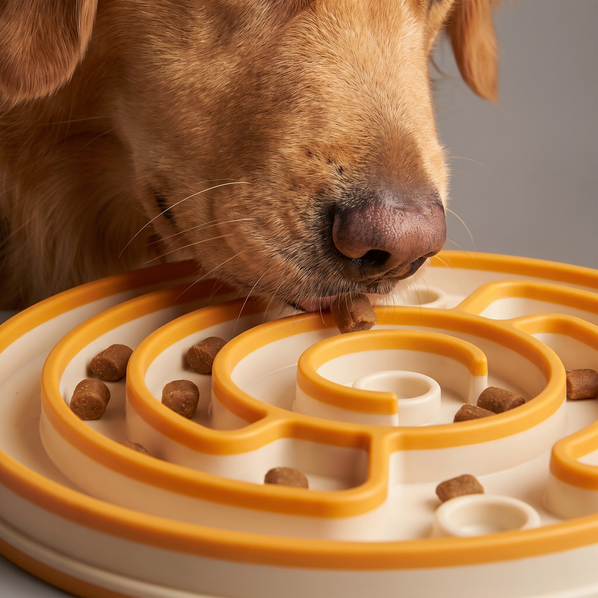 A dog's nose following the winding channel on the Brain Maze puzzle