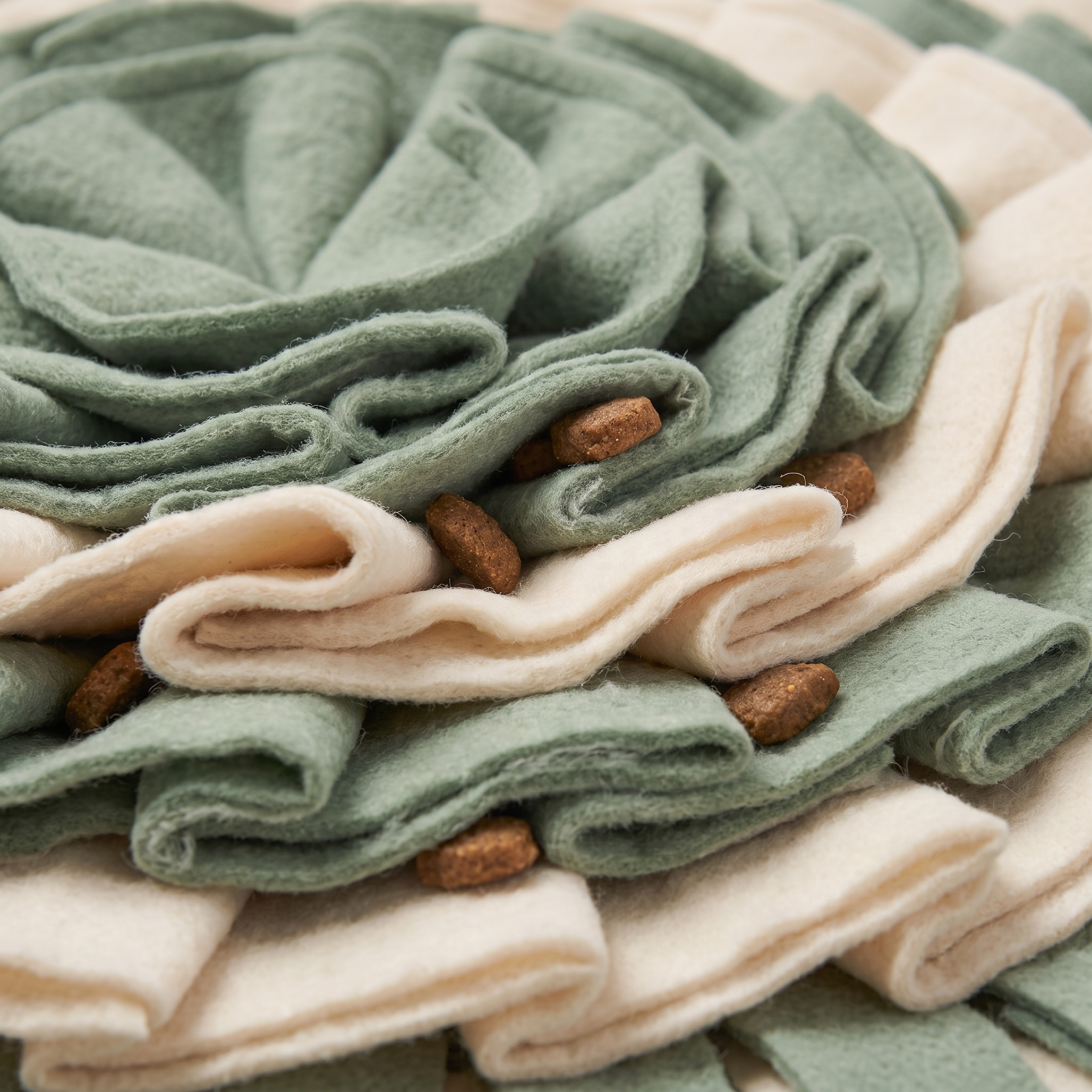 Close-up of kibble tucked in the felt strips of the Hunt Mat XL