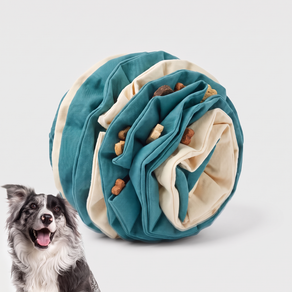 Cutaway view of the Snuffle Sphere showing fabric folds with treats