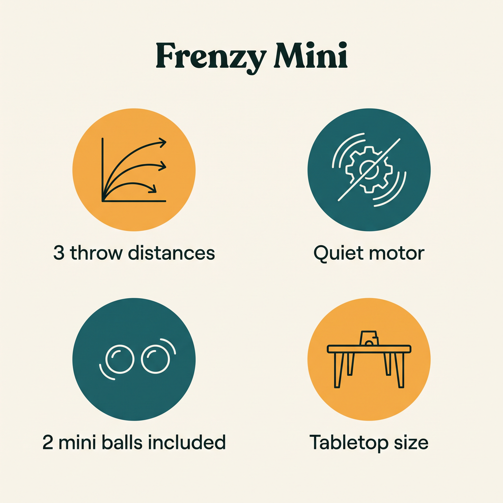 Frenzy Mini key features: 3 throw distances, quiet motor, 2 mini balls included, tabletop size