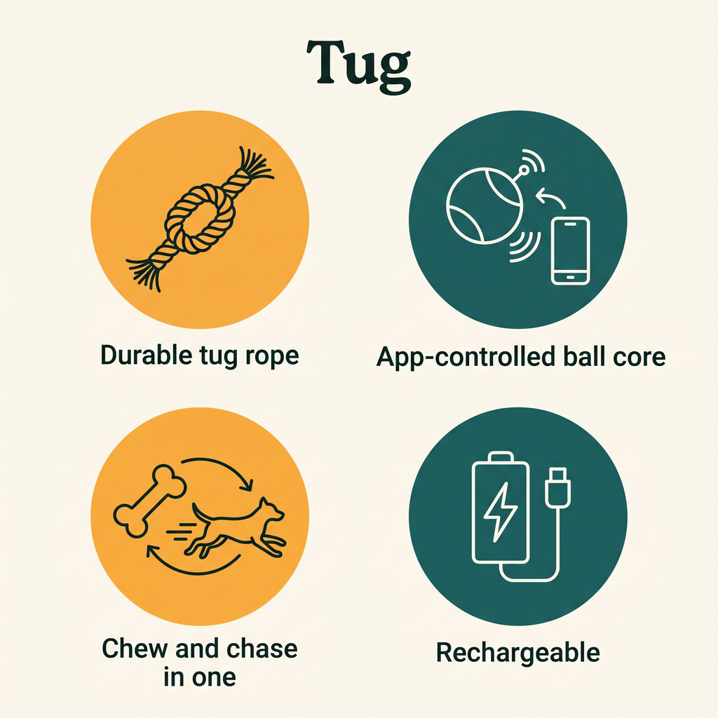 Tug key features: durable tug rope, app-controlled ball core, chew and chase in one, rechargeable