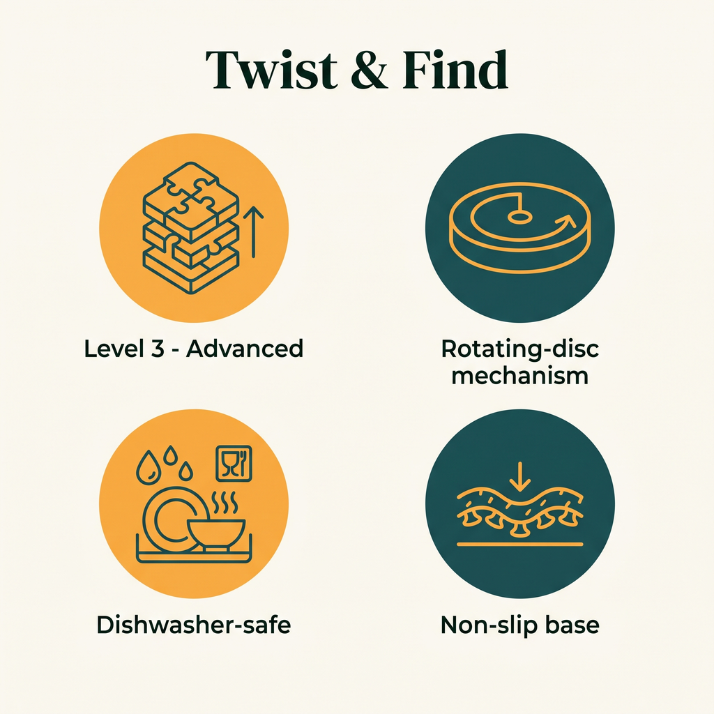 Twist & Find key features: Level 3 Advanced, rotating-disc mechanism, dishwasher-safe, non-slip base