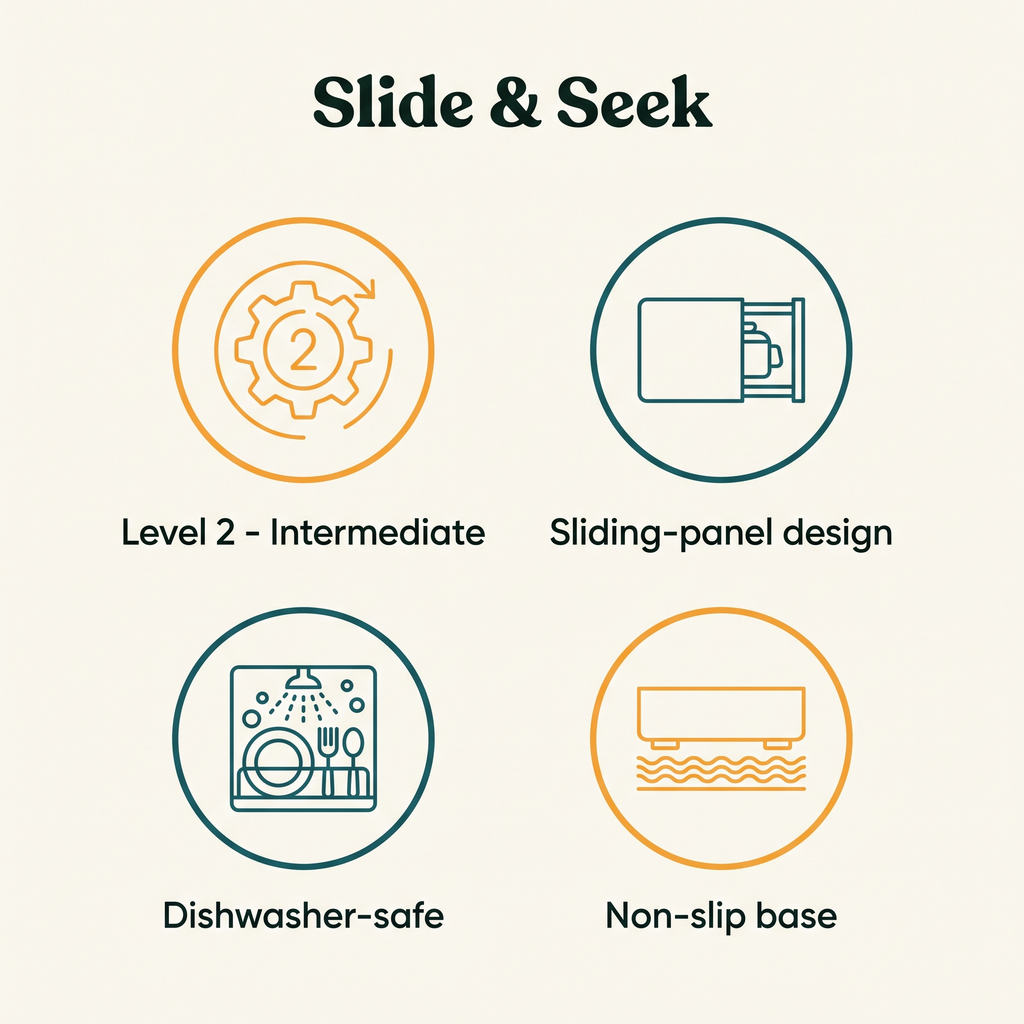Slide & Seek key features: Level 2 Intermediate, sliding-panel design, dishwasher-safe, non-slip base