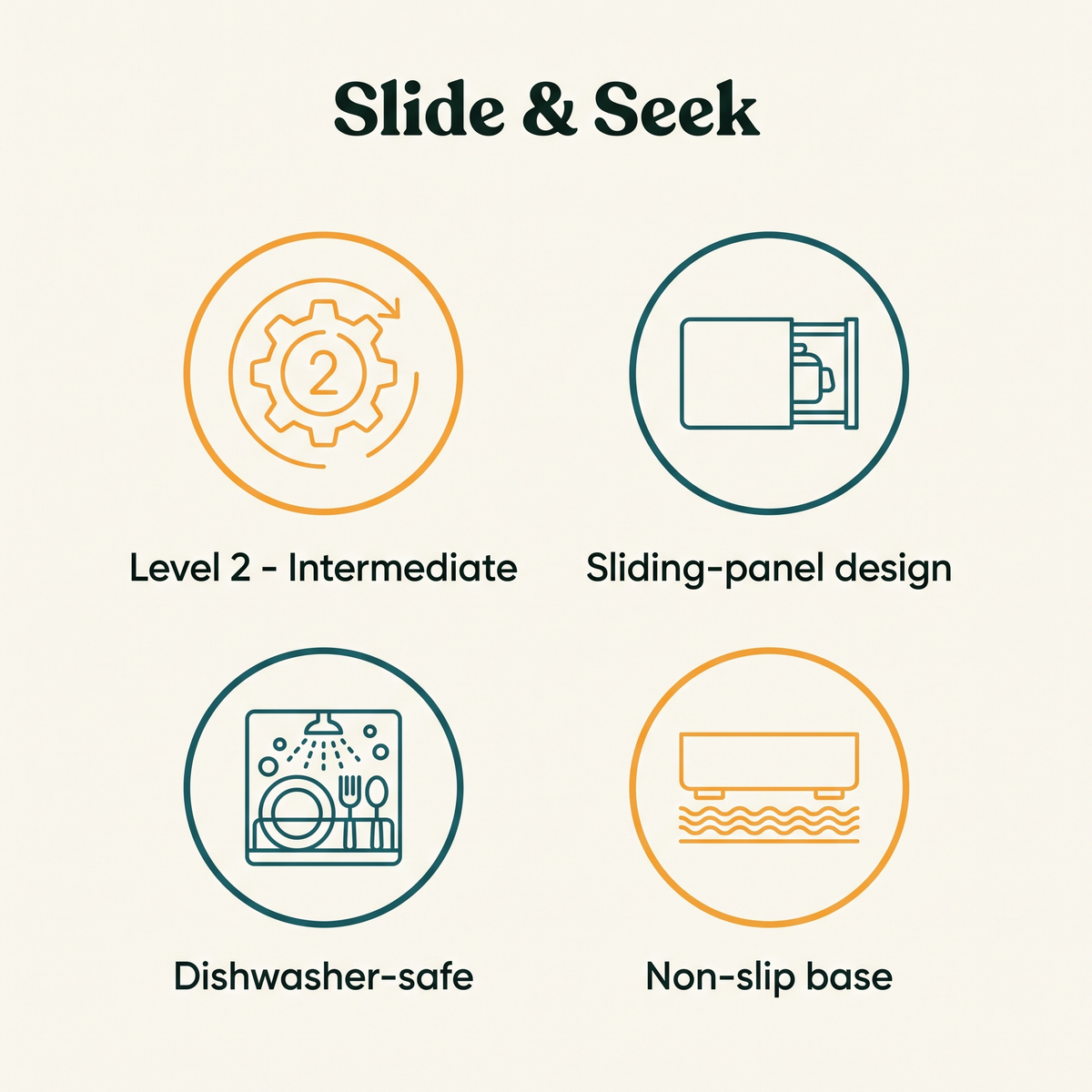 Slide & Seek key features: Level 2 Intermediate, sliding-panel design, dishwasher-safe, non-slip base