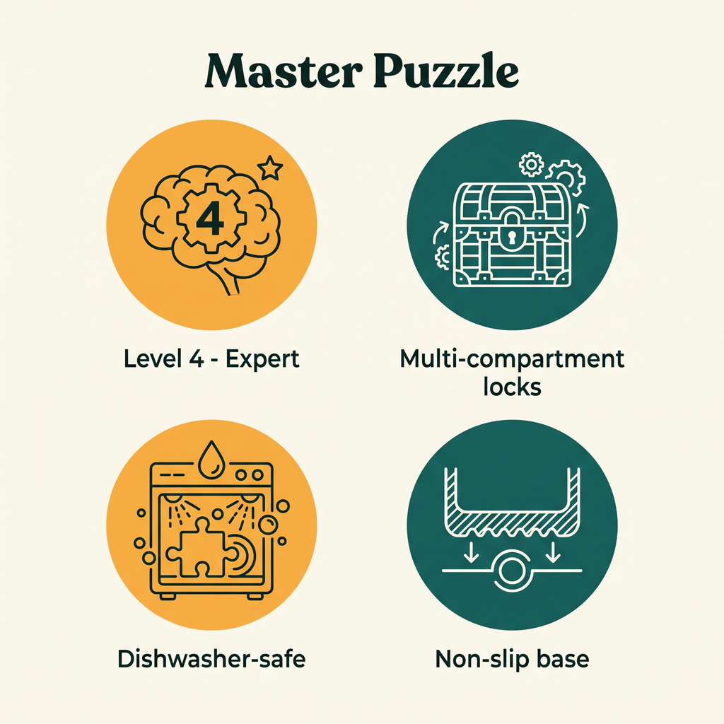 Master Puzzle key features: Level 4 Expert, multi-compartment locks, dishwasher-safe, non-slip base