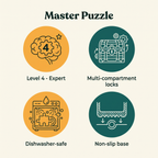 Master Puzzle key features: Level 4 Expert, multi-compartment locks, dishwasher-safe, non-slip base