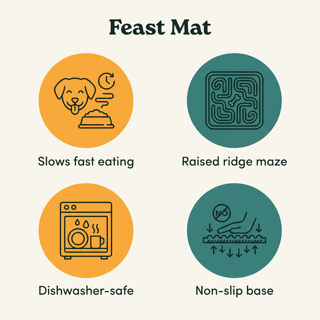 Feast Mat key features: slows fast eating, raised ridge maze, dishwasher-safe, non-slip base