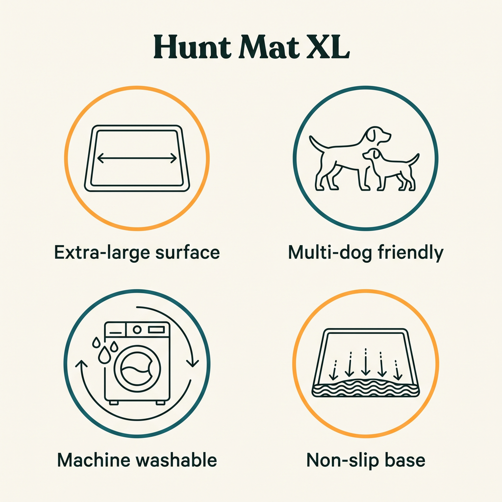Hunt Mat XL key features: extra-large surface, multi-dog friendly, machine washable, non-slip base