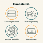 Hunt Mat XL key features: extra-large surface, multi-dog friendly, machine washable, non-slip base