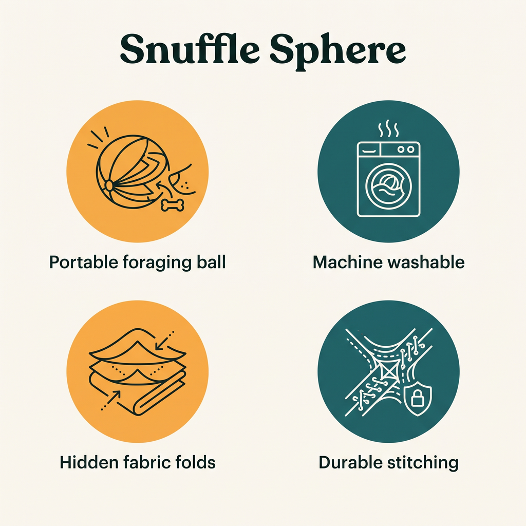 Snuffle Sphere key features: portable foraging ball, machine washable, hidden fabric folds, durable stitching