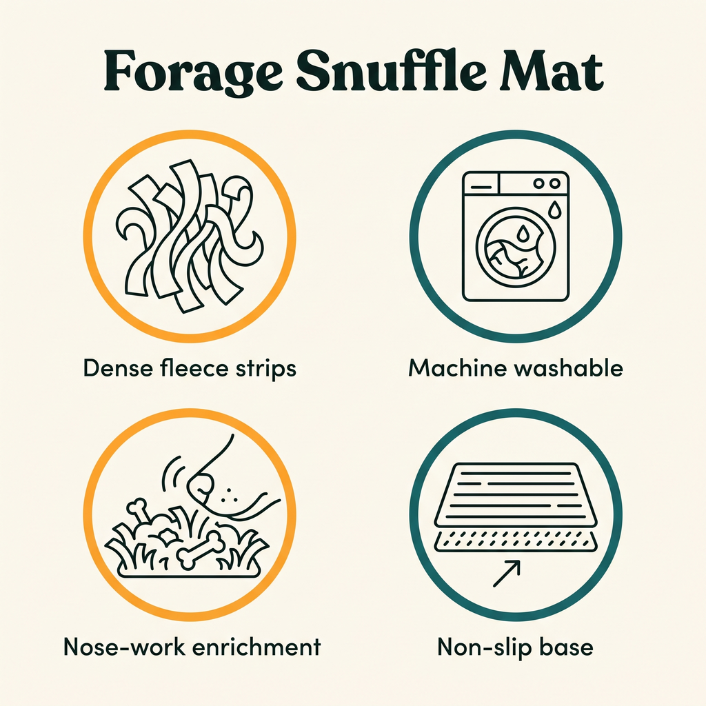 Forage Snuffle Mat key features: dense fleece strips, machine washable, nose-work enrichment, non-slip base