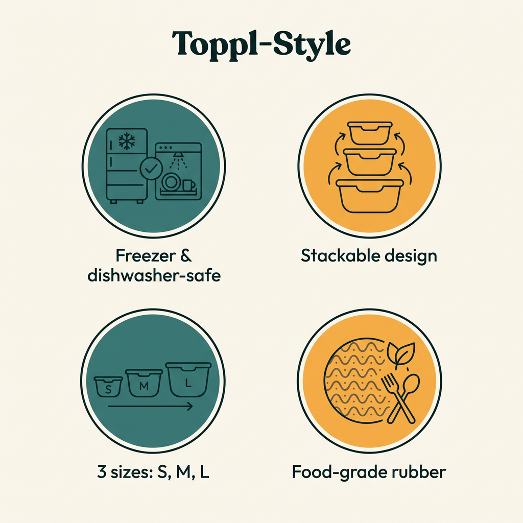 Toppl-Style key features: freezer and dishwasher-safe, stackable design, 3 sizes S M L, food-grade rubber