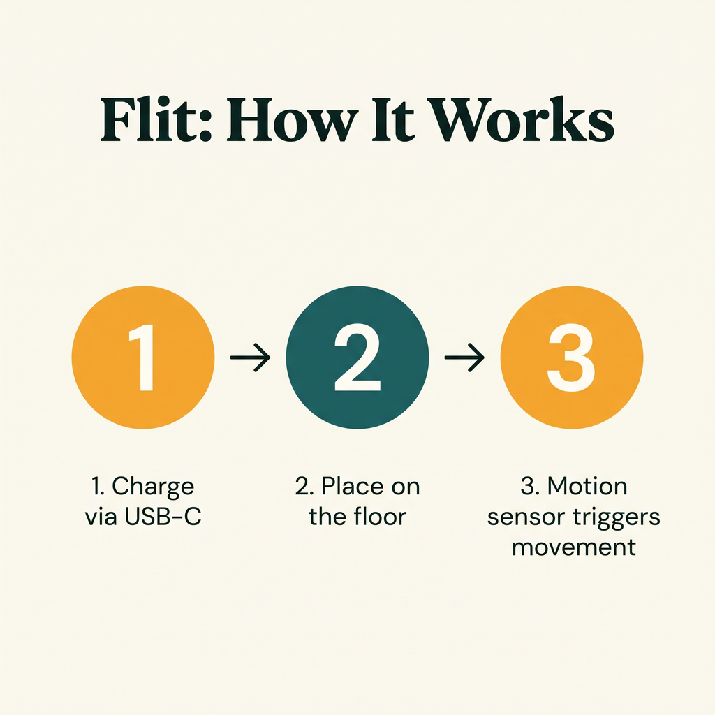 Flit Motion-Activated Fish Toy - how it works step diagram