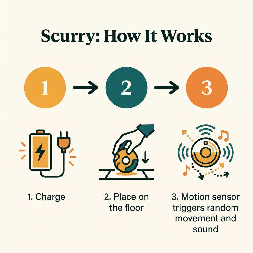 Scurry Motion-Sensor Critter Toy - how it works step diagram