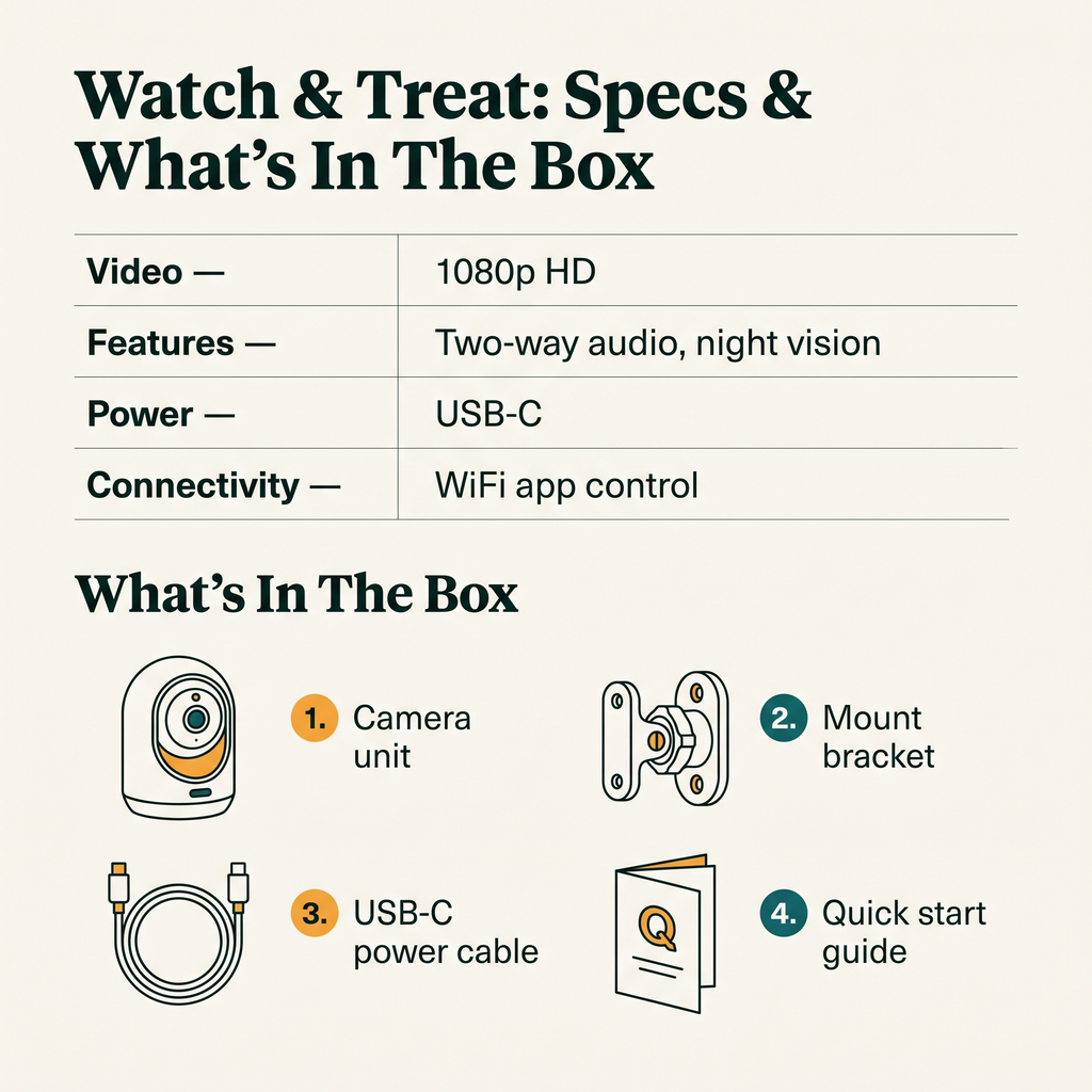 Watch & Treat Smart Pet Camera - specs and what's in the box