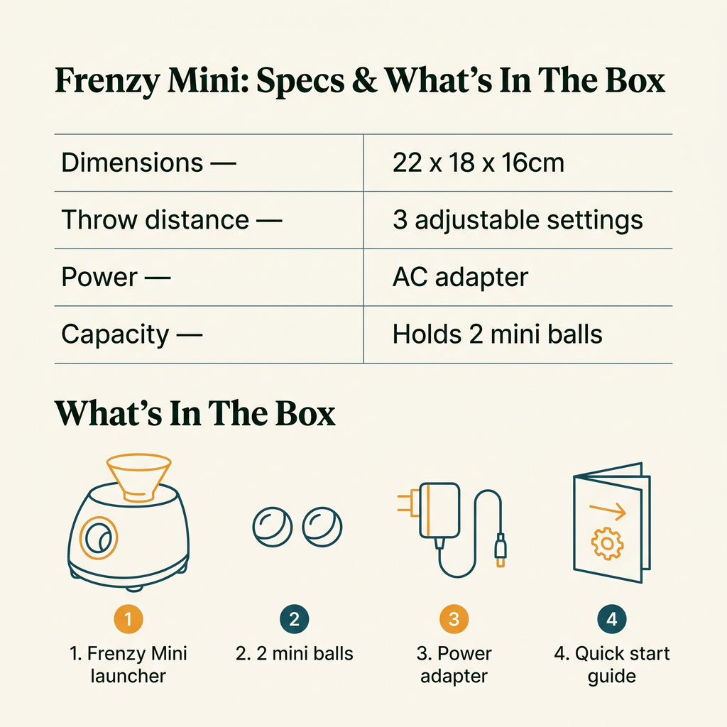 Frenzy Mini Compact Ball Launcher - specs and what's in the box