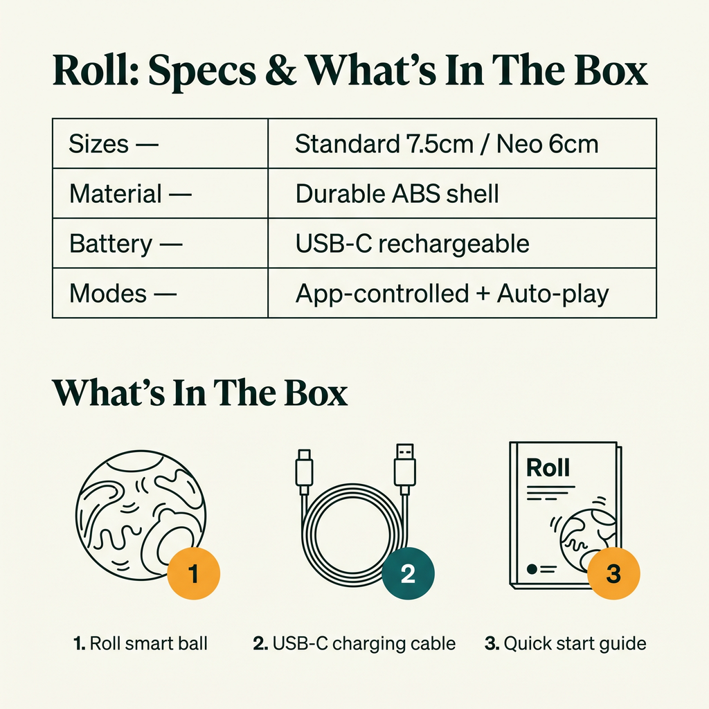 Roll Smart Rolling Ball - specs and what's in the box