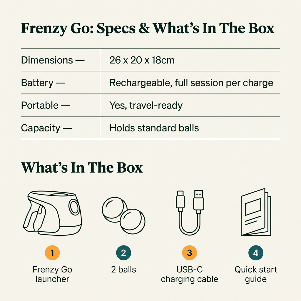 Frenzy Go Portable Ball Launcher - specs and what's in the box