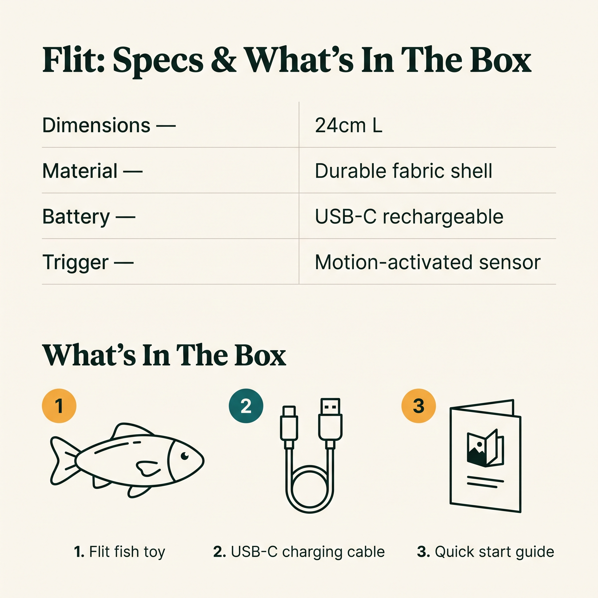Flit Motion-Activated Fish Toy - specs and what's in the box