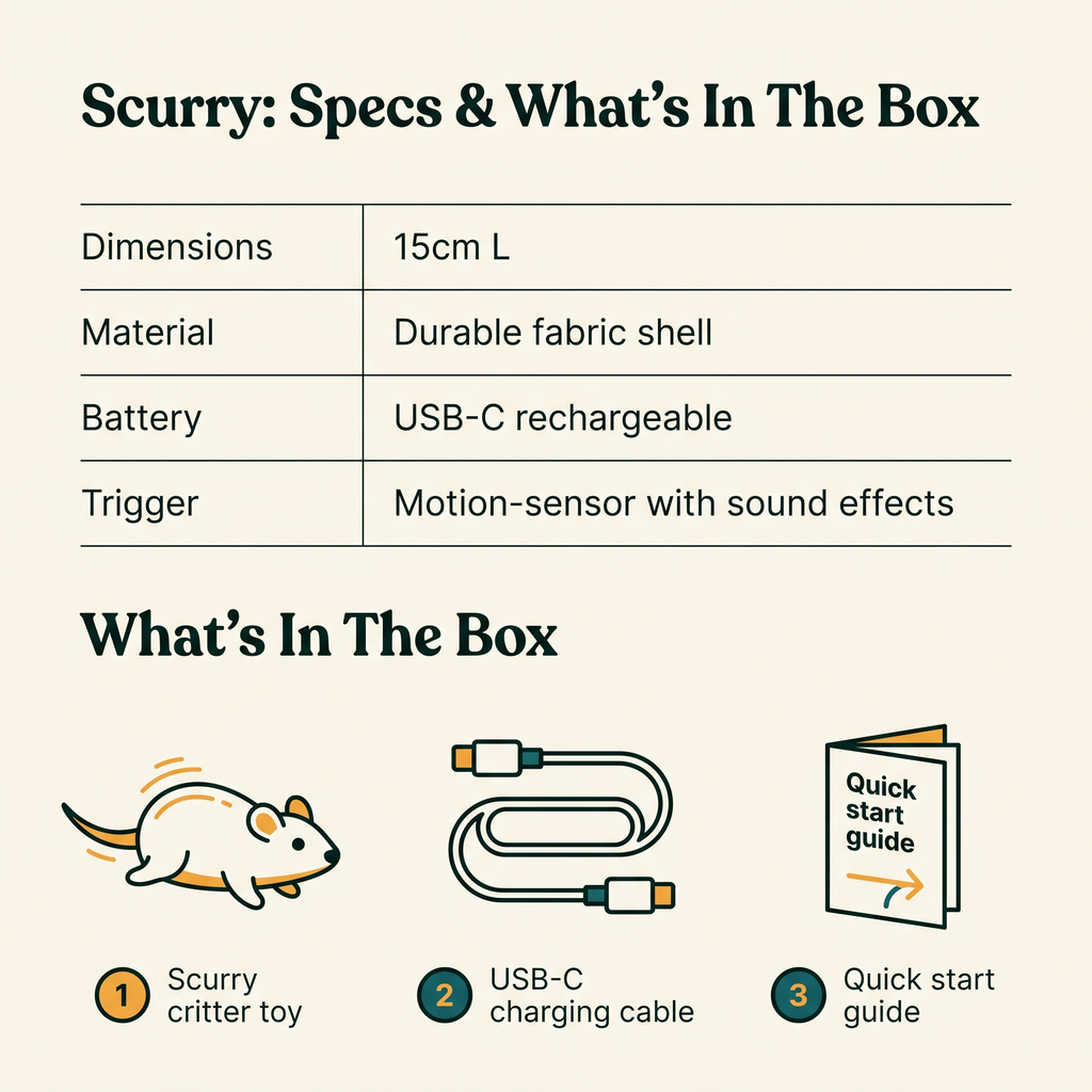Scurry Motion-Sensor Critter Toy - specs and what's in the box