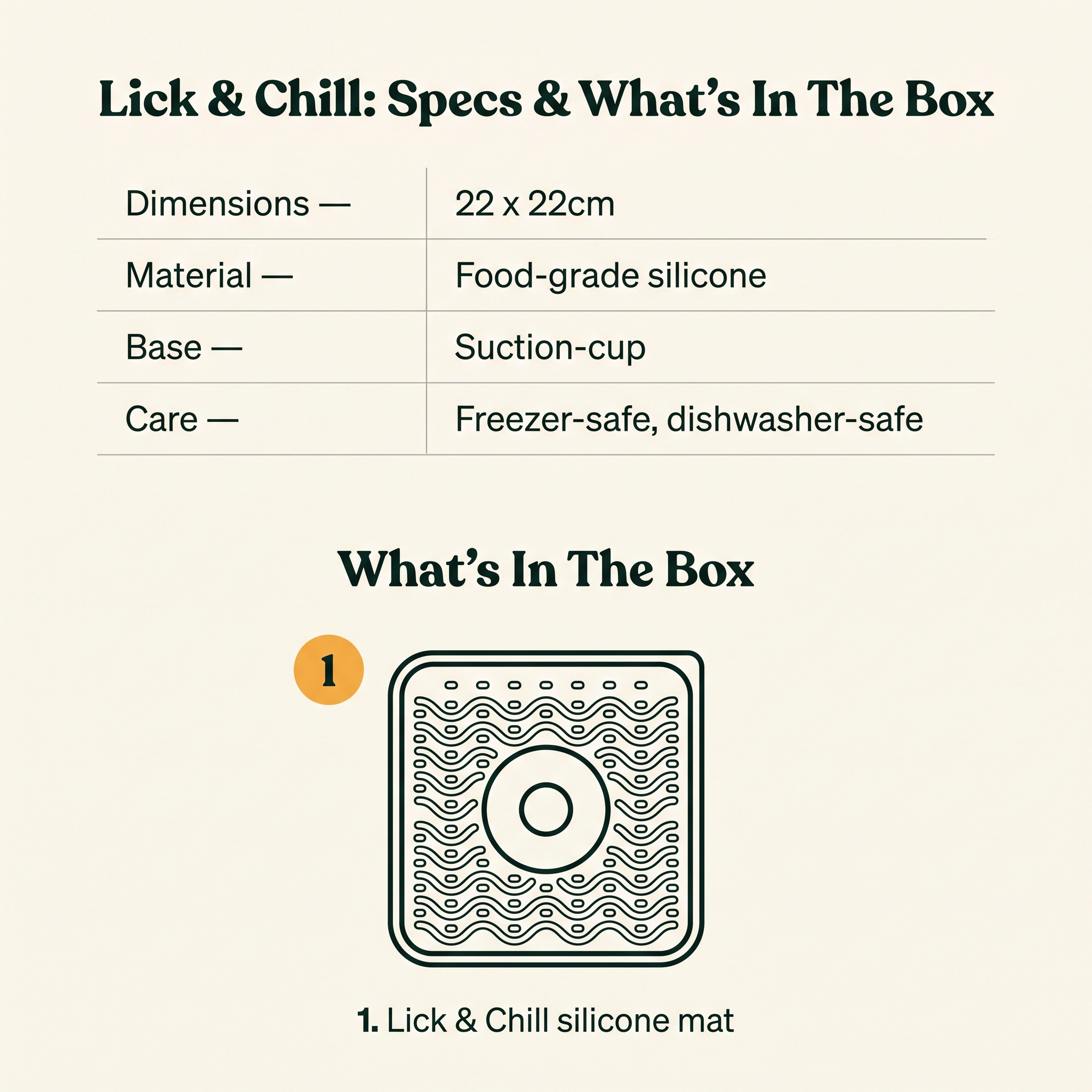 Lick & Chill Silicone Lick Mat - specs and what's in the box