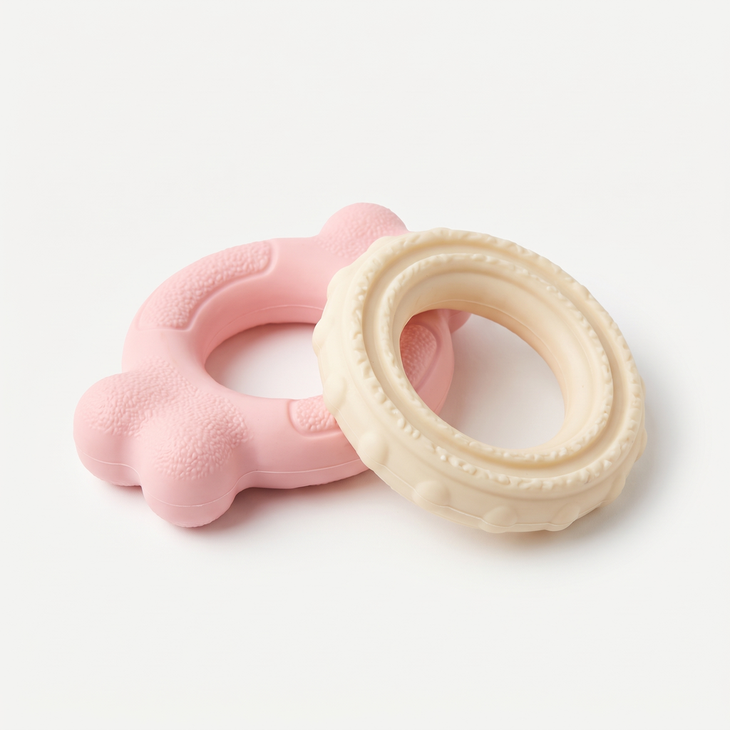 First Chew Soft Ring Set (2-Pack) in soft pastel pink and cream on a light neutral background