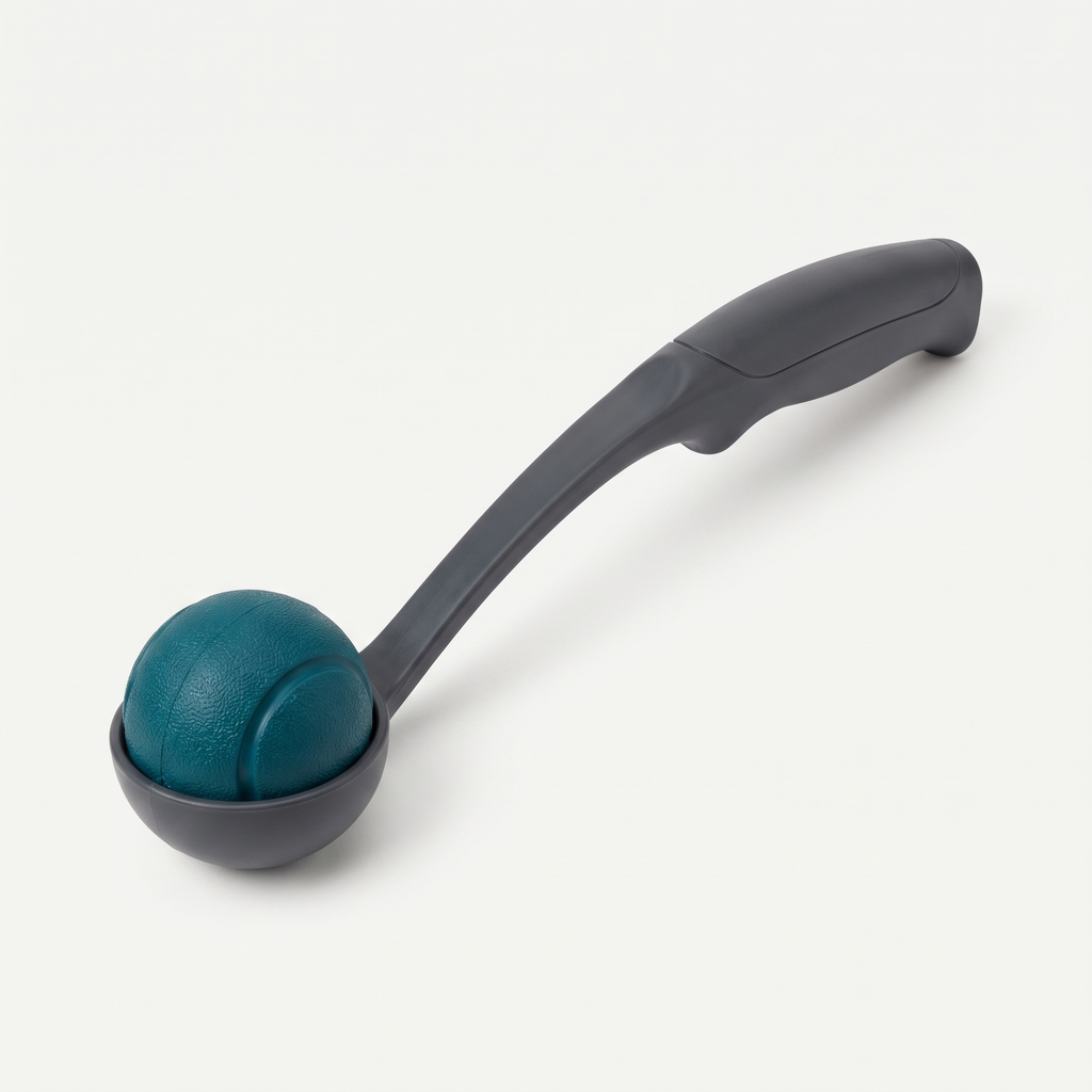 Squeak & Throw Ball + Thrower Set in deep teal and charcoal grey on a light neutral background