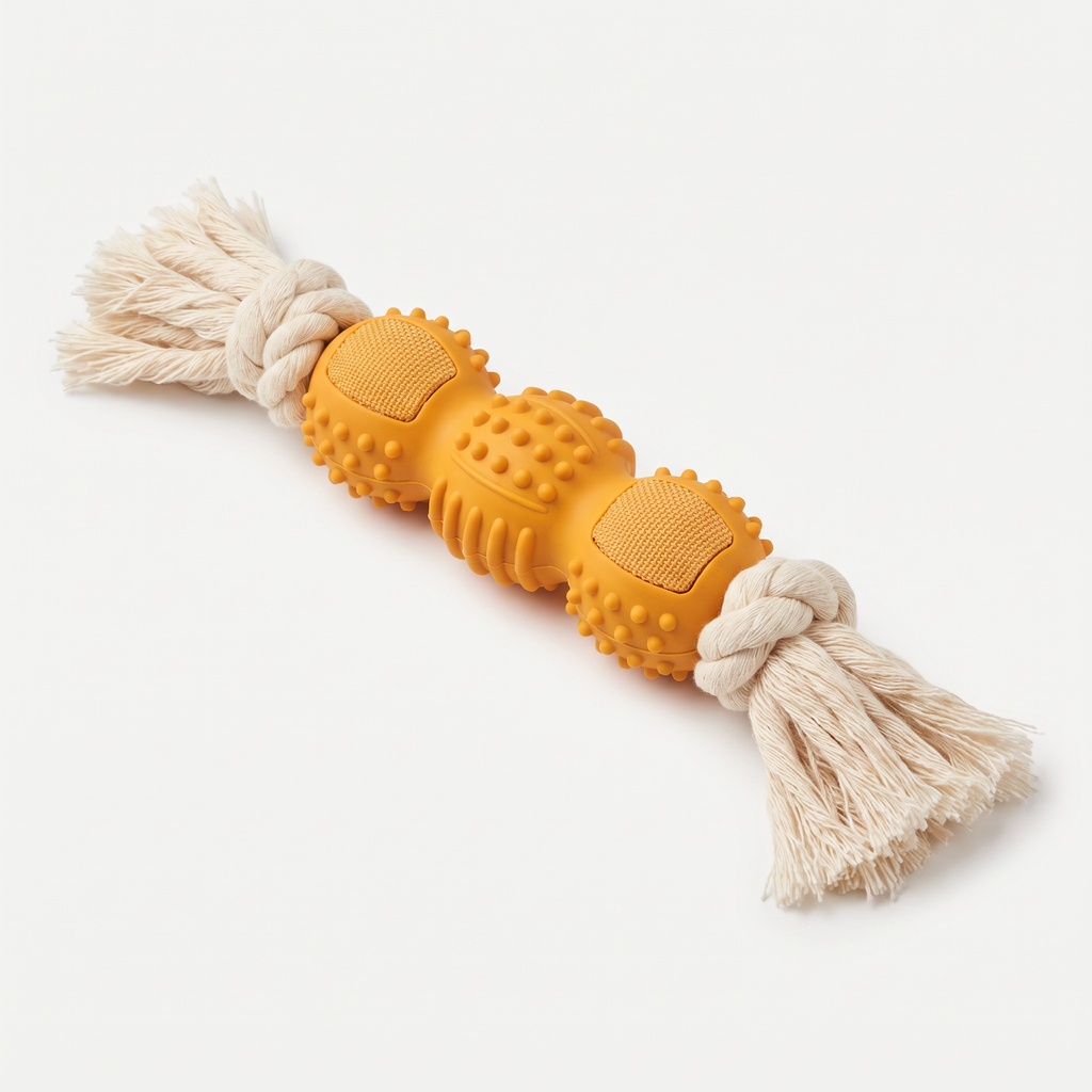 Busy Bone Multi-Texture Boredom Buster in marigold-orange with cream rope and fabric accents on a light neutral background