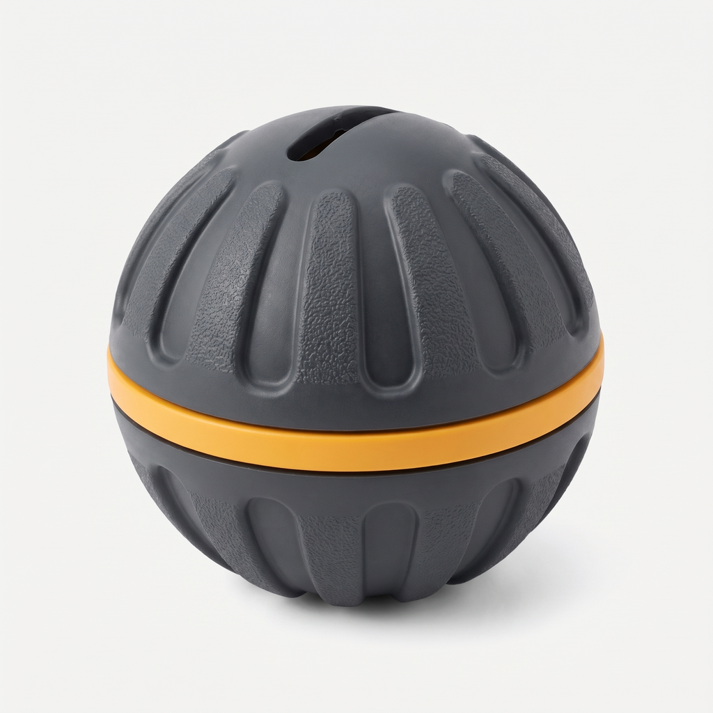 Click & Treat Training Reward Ball in matte charcoal grey and marigold-orange on a light neutral background