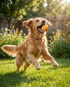 Dog catching the Bounce Fetch Rubber Ball in the backyard