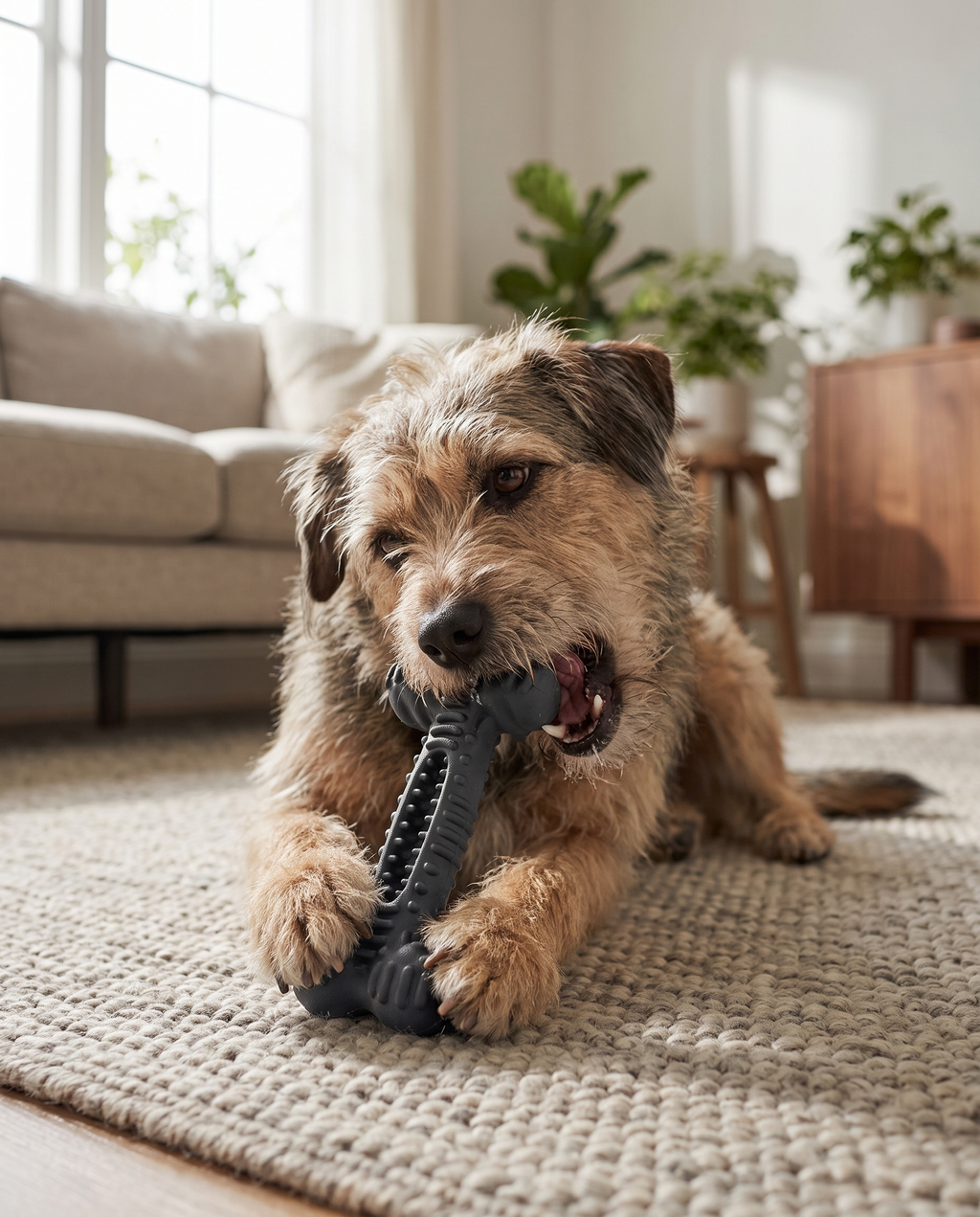 Dog chewing the Chew & Clean Rubber Dental Stick at home