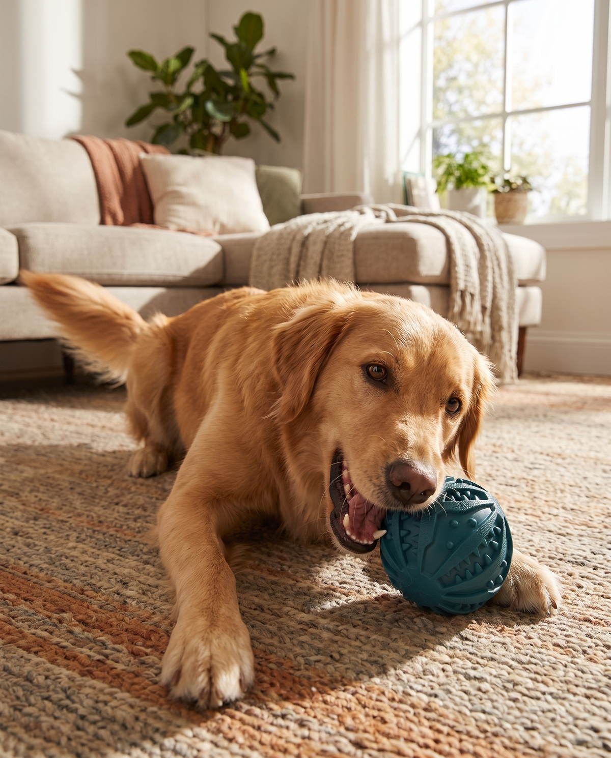 Dog chewing the Ironjaw Indestructible Chew Ball at home