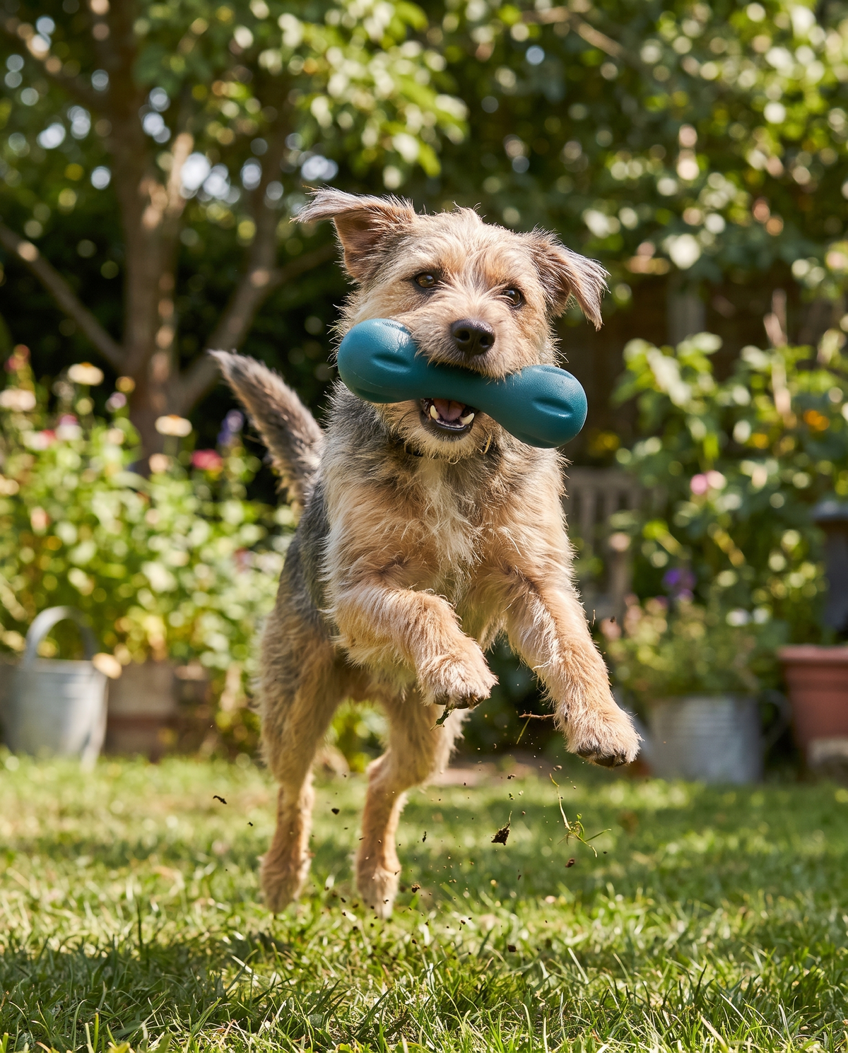 Dog playing with the Zogo Bone Eco Rubber Treat Toy in the garden