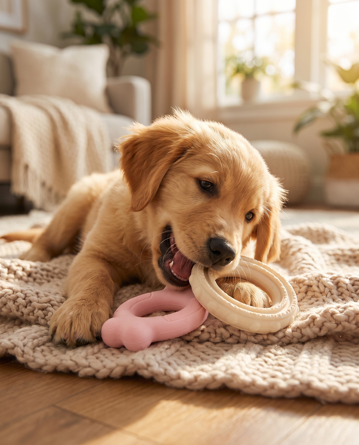 Puppy playing with the First Chew Soft Ring Set at home