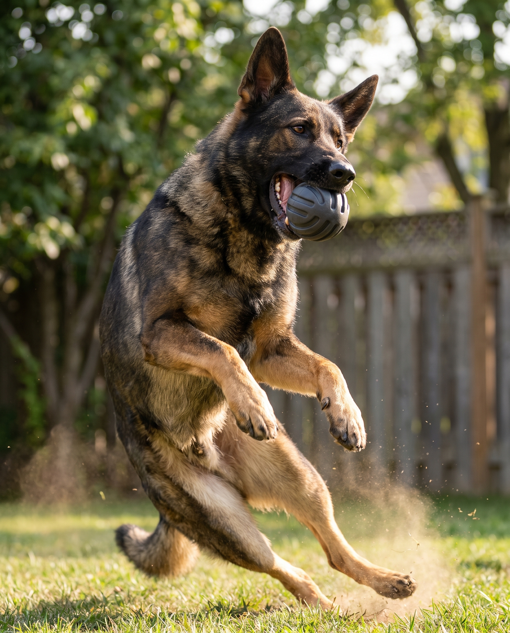 Dog fetching the Herding Ball Extreme Chew Fetch Ball in the backyard