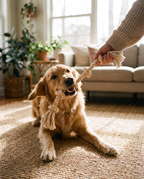Dog tugging the Tug Twist Cotton Rope Toy with its owner at home