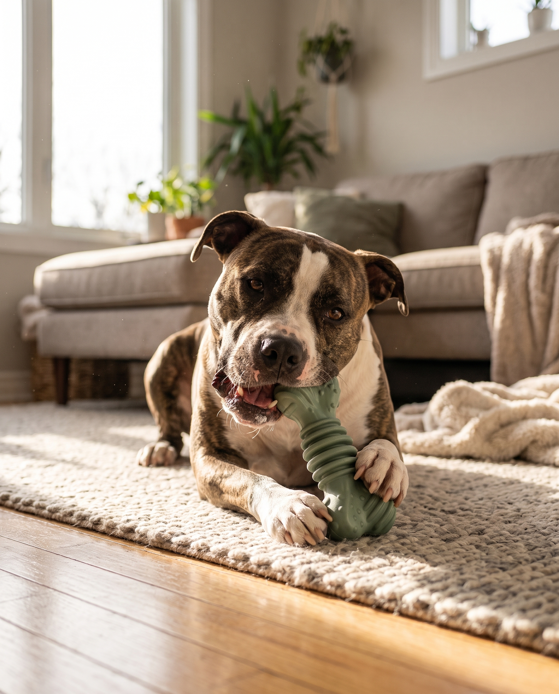 Dog chewing the Titan Bone Power Chewer Nylon Bone at home