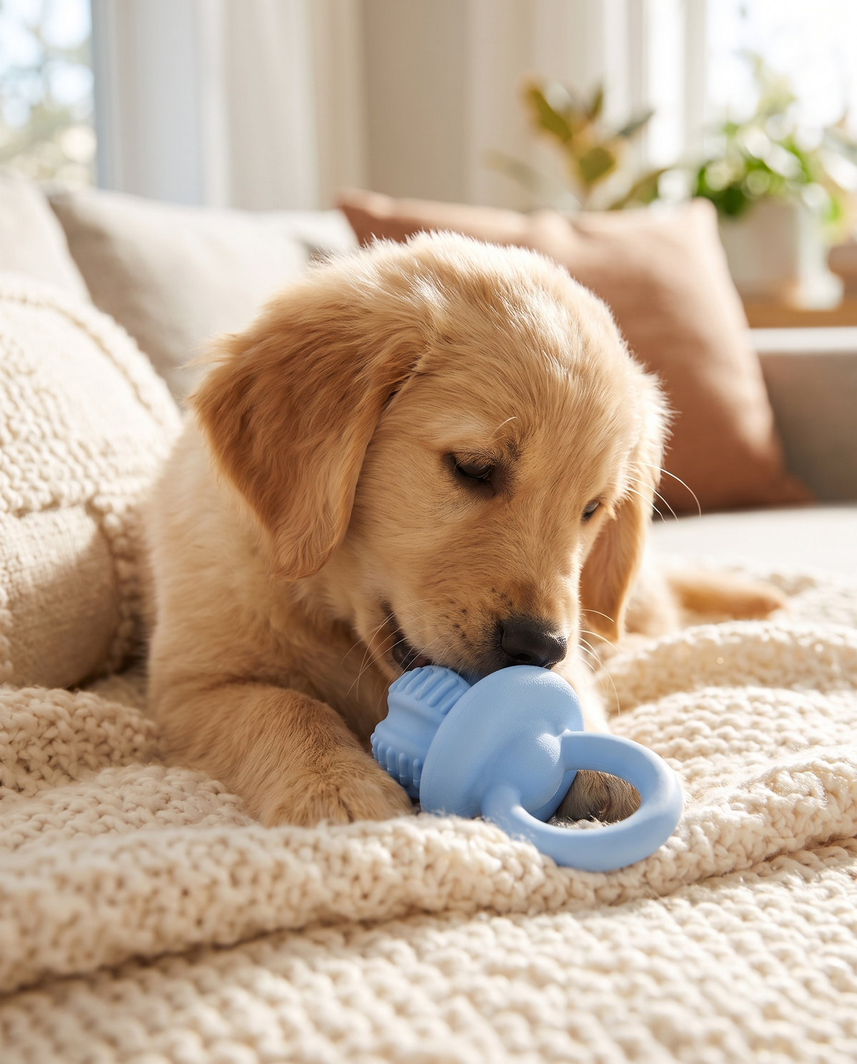 Puppy chewing the Puppy Soft Bite Teething Chew at home