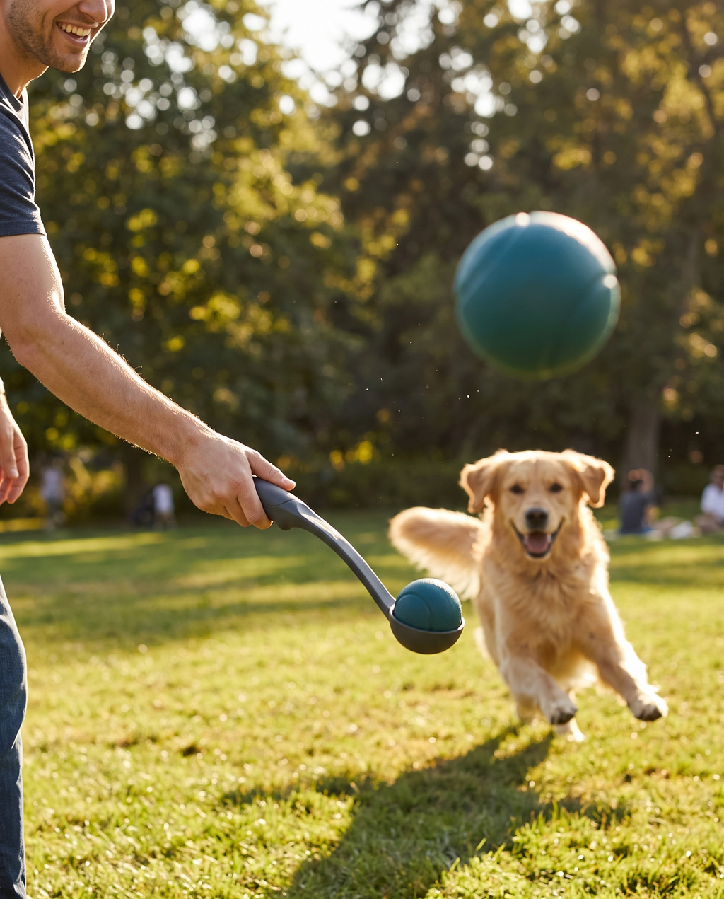 Owner using the Squeak & Throw thrower to launch the ball for the dog