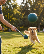 Owner using the Squeak & Throw thrower to launch the ball for the dog