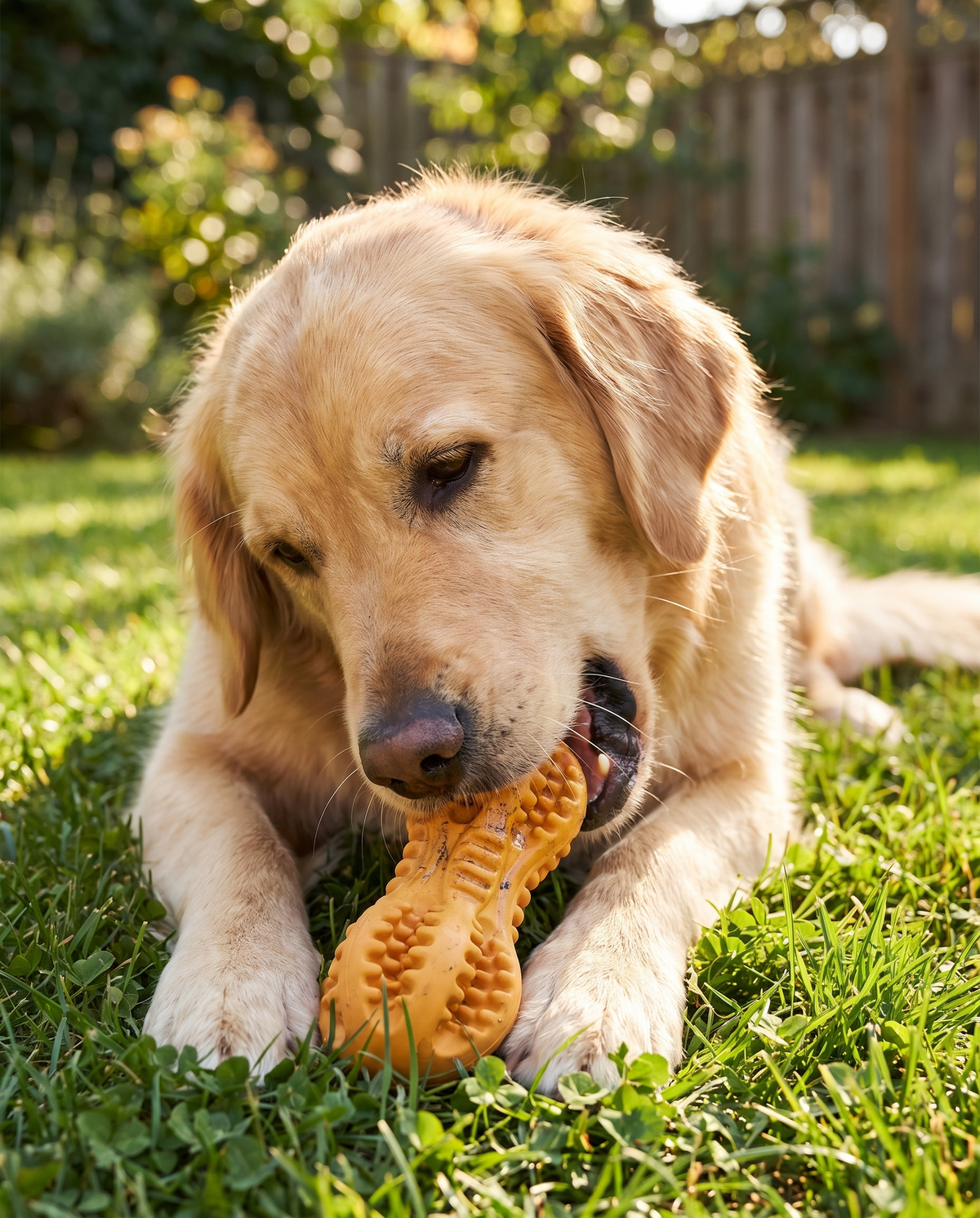 Dog gnawing the Grizzly Tough Rubber Chew Toy outdoors
