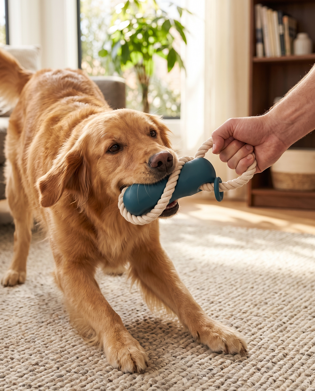 Dog tugging the Double Tug Rope + Rubber Handle with its owner at home