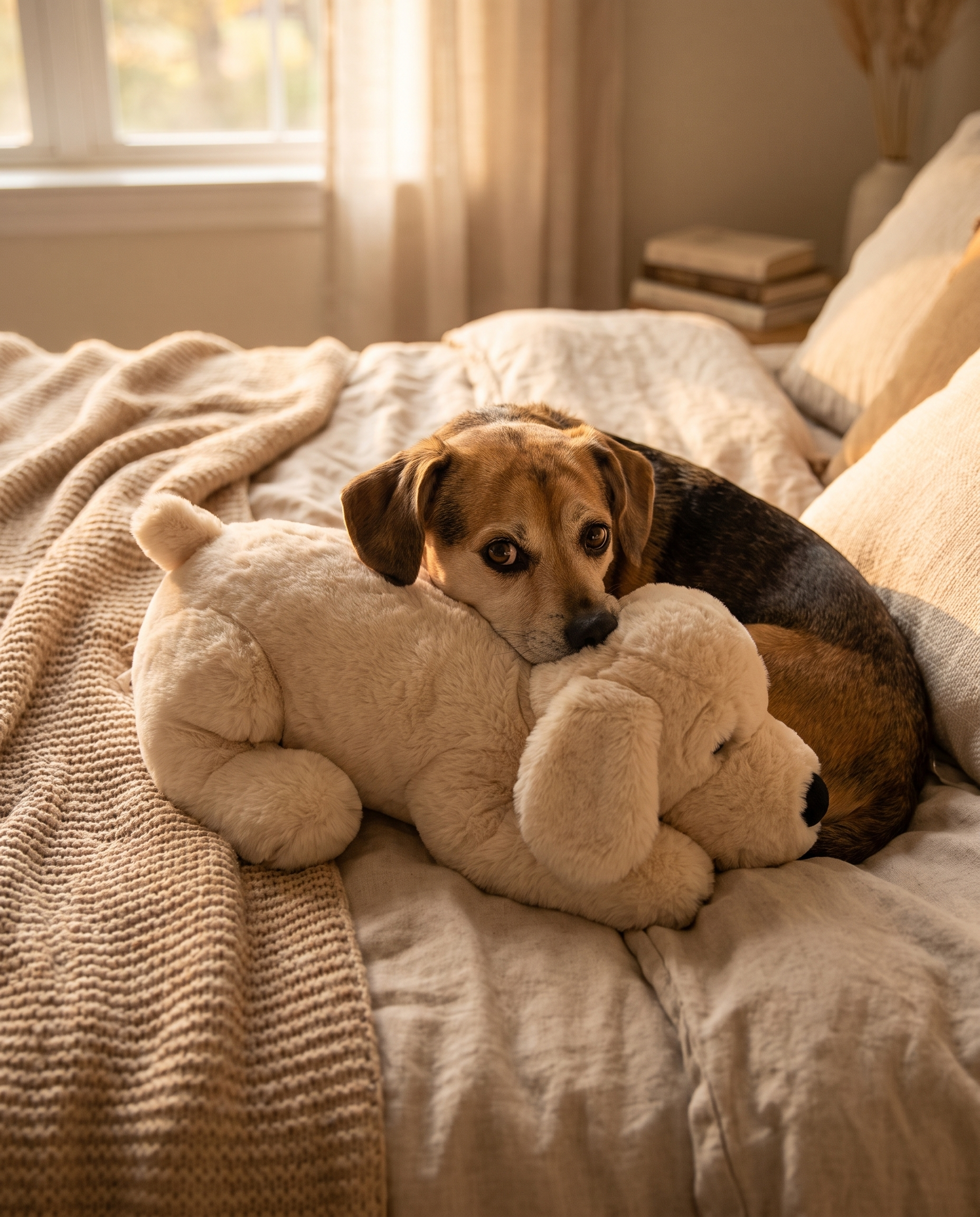 Dog cuddling the Heartbeat Buddy Calming Companion on a bed