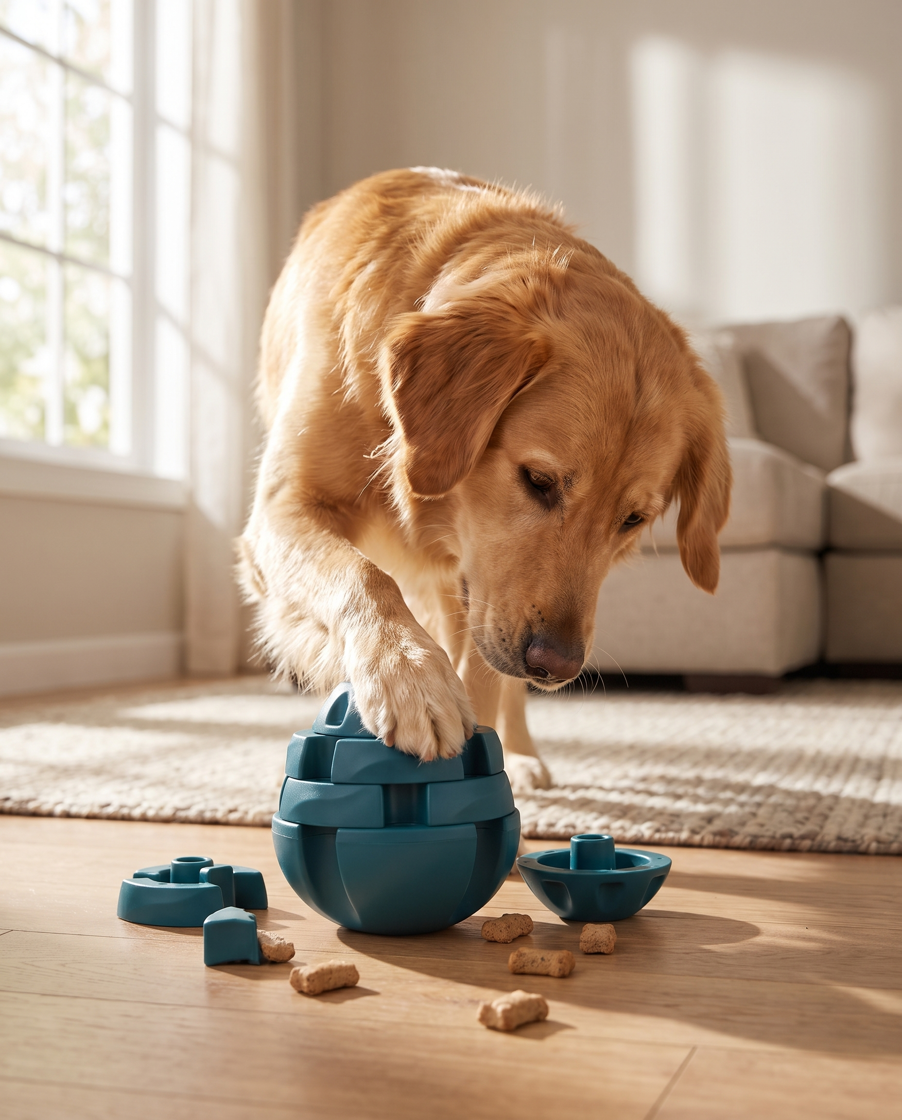 Dog playing with the Tangle Tower Stacking Boredom Toy at home