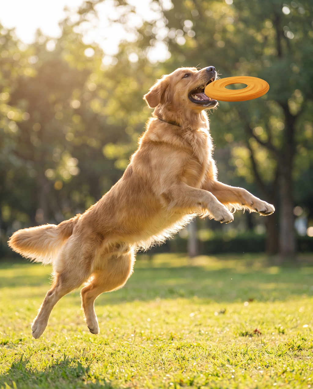 Dog catching the SoftFly Flexible Nylon Frisbee mid-air in the park