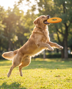 Dog catching the SoftFly Flexible Nylon Frisbee mid-air in the park